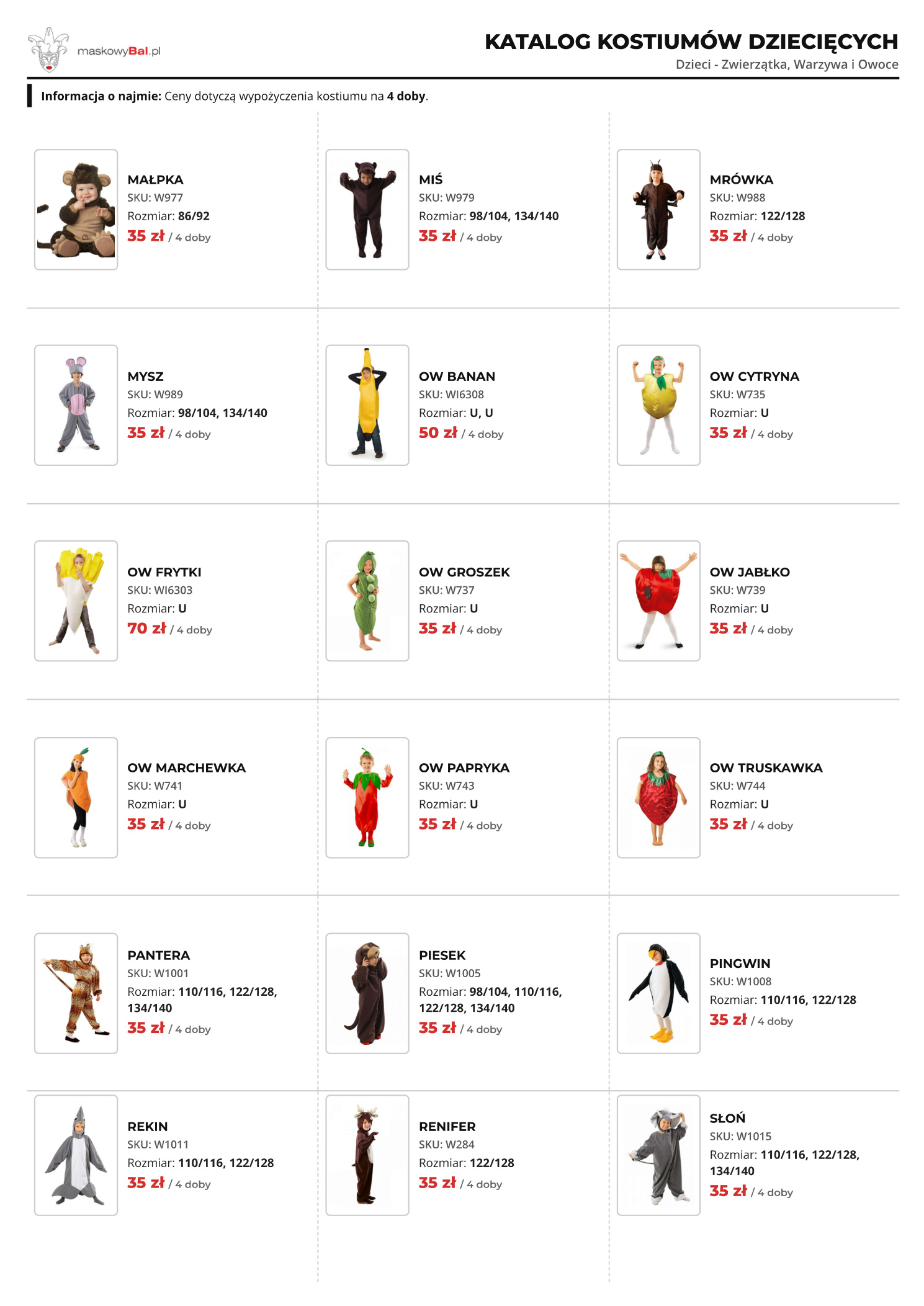 Katalog zwierzątek wypożyczalni strojów Maskowy Bal